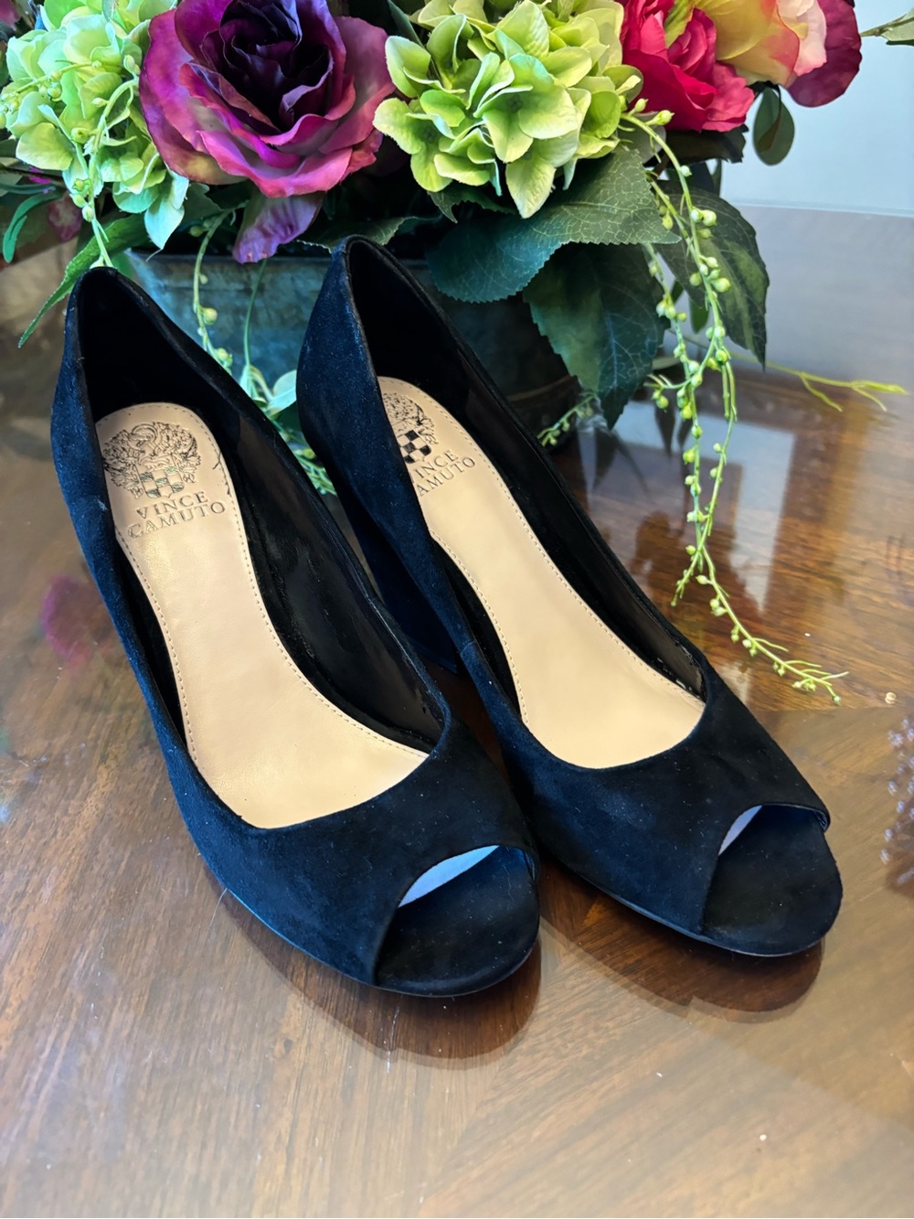 Vince Camuto Black Suede Peep-Toe Heels Size 8